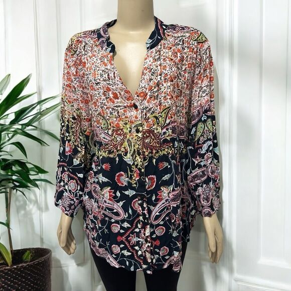 Phool Womens Floral Paisley Print  Pleated Top Size 2X Boho Patchwork Y Neck - Picture 1 of 9